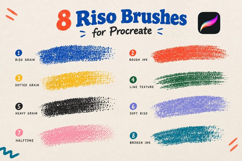 Może przedstawiać: Cyfrowa grafika przedstawiająca 8 Riso Brushes for Procreate, zawierająca osiem r&oacute;żnych teksturowanych pociągnięć pędzla w kolorach niebieskim, pomarańczowym, ż&oacute;łtym, zielonym, czarnym, fioletowym, r&oacute;żowym i turkusowym, ponumerowanych i nazwanych.