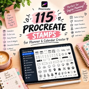 Puede incluir: Una tableta digital que muestra una interfaz de Procreate con 115 sellos para planificadores, incluyendo iconos de calendarios, listas de tareas, rastreadores de hábitos y clima. La pantalla muestra un menú de categorías y una cuadrícula de diseños.