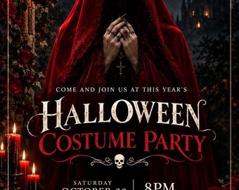 Może przedstawiać: Ulotka z zaproszeniem na imprezę kostiumową Halloween przedstawiająca postać w czerwonym kapturze, czerwone róże, świece i czaszkę. Tekst brzmi: COME AND JOIN US AT THIS YEAR'S HALLOWEEN COSTUME PARTY, SATURDAY OCTOBER 30, 8PM, 128 WESTFIELD DRIVE, LANCASTER, PA.