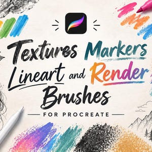May include: A digital art brush set for Procreate featuring the text Textures Markers Lineart and Render Brushes for Procreate. The image displays colorful marker strokes, a black and white floral sketch, a portrait sketch, and a mountain landscape.