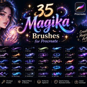 May include: A digital product display featuring 35 Magika Brushes for Procreate. The image shows a fantasy-themed illustration with a person holding a glowing orb, a castle, and a grid of 35 distinct brush stroke samples labeled with names.