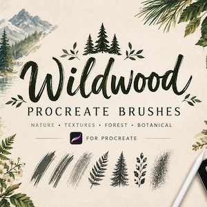 Può includere: Un set di arte digitale intitolato Wildwood Procreate Brushes che presenta un paesaggio forestale con un cervo, pini, montagne, funghi e pigne. Il testo recita Wildwood Procreate Brushes, Nature, Textures, Forest, Botanical, For Procreate.