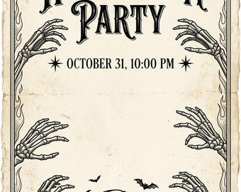 Może przedstawiać: Prostokątne zaproszenie na imprezę Halloween z kremowym tłem i czarnymi ilustracjami. Zawiera tekst "YOU ARE INVITED TO HALLOWEEN PARTY" oraz "OCTOBER 31, 10:00 PM", otoczony szkieletowymi dłońmi, pajęczynami, nietoperzami i nagrobkiem.