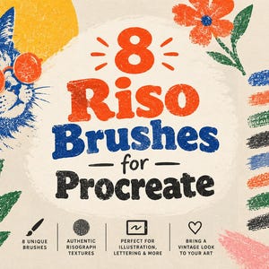 May include: A digital set of 8 Riso brushes for Procreate featuring a blue cat wearing orange glasses, a red flower, and green leaves. The text reads 8 Riso Brushes for Procreate, with icons and labels for 8 unique brushes, authentic risograph textures, illustration, and vintage look.