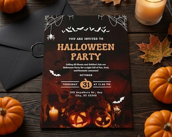 Może przedstawiać: Prostokątne zaproszenie na imprezę Halloween z ciemnym tłem i pomarańczowym tekstem: You are invited to Halloween Party, Calling All Ghosts and Goblins! Join our Halloween Party for a night full of fun, food, and fantastic costumes! October, Thursday 31 at 11:00 PM, 123 Anywhere St., Any City, ST 12345.