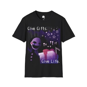 Ge presenter, ge liv FNAF dock-T-shirt | Mörk pixelkonstkaraktär, presentaskdesign, svart unisex mjukisstil