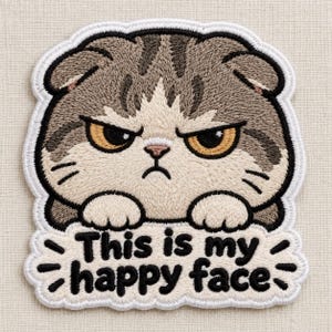 May include: An embroidered patch featuring a grumpy-looking gray and white cat with yellow eyes. The cat has its paws resting on a white banner that contains the black embroidered text "This is my happy face" with small black accent lines.