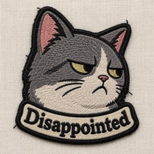 May include: An embroidered patch featuring a grey and white cat with a grumpy facial expression, yellow eyes, and pink inner ears. Below the cat head is a curved banner with the word Disappointed stitched in black capital letters.
