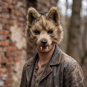 Può includere: Una maschera da lupo che copre l'intera testa con pelliccia sintetica marrone e marrone chiaro, orecchie a punta e due prominenti zanne bianche che sporgono dalla mascella superiore. La maschera è indossata sopra una giacca di pelle marrone scuro.