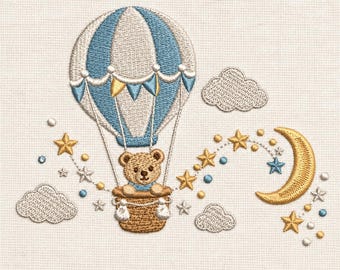 May include: An embroidery design featuring a light brown teddy bear in a tan woven basket attached to a blue and white striped hot air balloon. The scene includes gold crescent moon, yellow stars, blue dots, and light gray clouds on fabric.