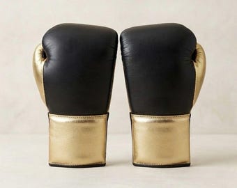 Genuine Leather Boxing Gloves | Black & Gold Lace-Up Training Gloves