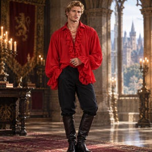 May include: A bright red long-sleeved shirt featuring a ruffled front placket, a lace-up neckline, and voluminous sleeves with ruffled cuffs, paired with solid black trousers and tall black leather boots.