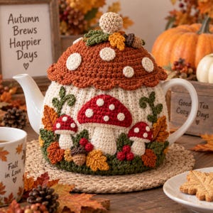 Può includere: Una teiera in ceramica bianca coperta da un rivestimento all'uncinetto che presenta un coperchio a forma di cappello di fungo rosso e bianco con un piccolo pomello. Il rivestimento mostra funghi, viticci verdi, foglie e ghiande in rilievo.