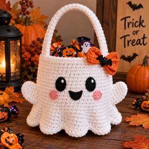 May include: A white crocheted ghost basket with a handle, featuring black felt eyes, a black mouth, and pink cheeks. An orange crocheted bow with a small black bat accent is attached to the side. The basket is filled with various Halloween candies.