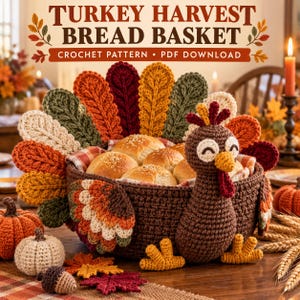 May include: A crochet turkey-shaped bread basket featuring a brown body, yellow feet, and a multi-colored tail with red, orange, yellow, and green feathers. The basket holds several round bread rolls. Text reads: TURKEY HARVEST BREAD BASKET CROCHET PATTERN PDF DOWNLOAD.
