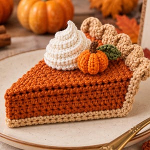 Puede incluir: Una porción de tarta de calabaza de ganchillo con relleno naranja oscuro, corteza beige claro con borde ondulado, un copete de nata blanca, una pequeña calabaza naranja y una hoja verde, sobre un plato de cerámica blanco con un tenedor dorado.