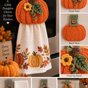 May include: A crochet pumpkin hanging kitchen towel topper featuring an orange pumpkin with a green stem, a brown button, a yellow flower, and a green leaf. The white towel displays a printed pattern of pumpkins and autumn leaves in orange and brown.