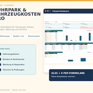 Pode incluir: Um modelo de painel digital em Excel para gestão de frotas e custos de veículos. A interface exibe gráficos, tabelas e campos de dados para rastrear a manutenção, quilometragem e despesas de veículos, incluindo cronogramas.