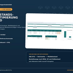 May include: A digital inventory optimization spreadsheet template titled BESTANDS-OPTIMIERUNG PRO. The dark blue interface displays an Excel dashboard with ABC/XYZ analysis, reorder points, and automated order suggestions for 200 items over 12 months.