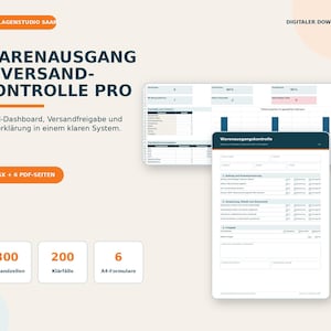 Può includere: Un download digitale contenente una dashboard Excel e sei moduli PDF A4 per il controllo delle uscite di magazzino e delle spedizioni. Il layout include testo in tedesco, tabelle di dati, grafici e caselle di controllo per la verifica degli ordini.