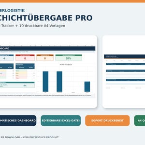 May include: A digital shift handover tracker titled LAGERLOGISTIK SCHICHTÜBERGABE PRO, featuring an Excel dashboard with status charts, priority tables, and 10 printable A4 templates. Includes buttons for automatic dashboard, editable Excel file, and print-ready format.