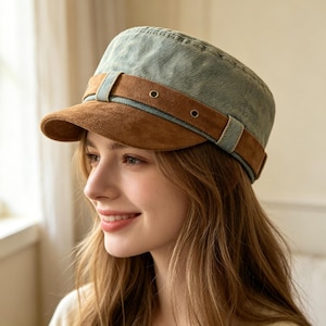 May include: A military-style cadet cap featuring a faded light blue denim crown and a contrasting brown suede brim. A brown suede band wraps around the base of the crown, accented with two small metallic eyelets on each side of the front panel.