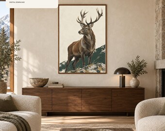 Stag Wall Art Printable, Alpine Deer Art, Contemporary Mountain Print, Rustic Modern Chalet Decor, Digital Download