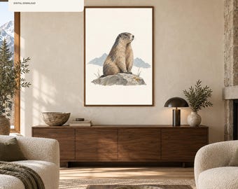 Marmot Wall Art Printable, Minimalist Alpine Animal Print, Modern Chalet Decor, Cabin Wildlife Digital Download