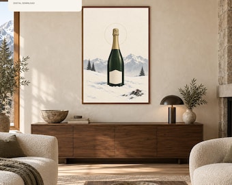 Champagne Wall Art Printable, Luxury Chalet Bar Decor, Alpine Bottle Print, Chic Cabin Dining Art, Digital Download