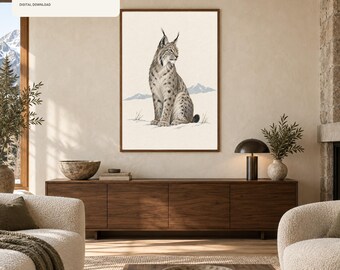 Lynx Wall Art Printable, Minimalist Alpine Animal Print, Modern Chalet Decor, Cabin Wildlife Art, Digital Download