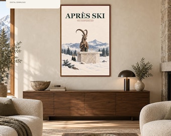 Après Ski Wall Art Printable, Funny Ibex Champagne Bar Print, Alpine Chalet Decor, Luxury Cabin Digital Download