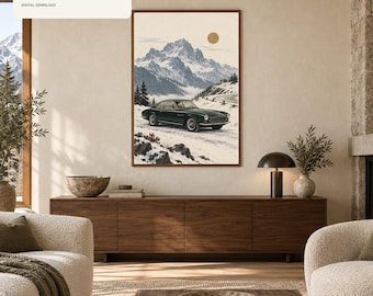 Vintage Car Wall Art Printable, Alpine Mountain Print, Luxury Chalet Decor, Classic Coupe Cabin Art, Digital Download
