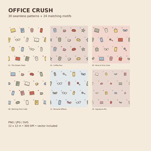 Könnte beinhalten: Eine digitale Sammlung mit dem Titel OFFICE CRUSH, bestehend aus 30 nahtlosen Mustern und 24 passenden Motiven. Das Bild zeigt sechs quadratische Muster mit Symbolen von Laptops, Kaffeetassen, Büchern, Brillen und Schlüsseln. Text: PNG, JPG, SVG, 12 x 12 in, 300 DPI und Vektor enthalten.