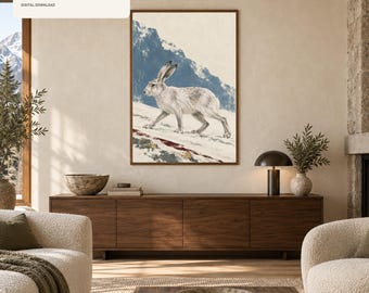 Alpine Hare Wall Art Printable, Snow Rabbit Mountain Print, Contemporary Chalet Decor, Winter Wildlife Digital Download