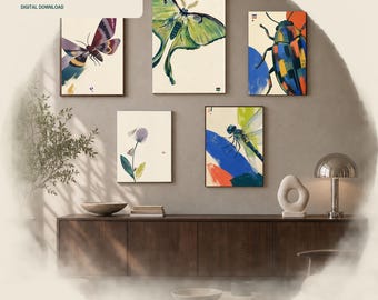 Insect Wall Art Set of 5, Contemporary Moth Beetle and Dragonfly Prints, Printable Gallery Wall