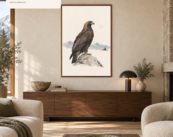 Golden Eagle Wall Art Printable, Minimalist Alpine Bird Print, Modern Chalet Decor, Cabin Wildlife Digital Download