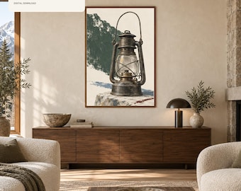 Vintage Lantern Wall Art Printable, Alpine Cabin Decor, Rustic Mountain Print, Chalet Wall Art, Digital Download