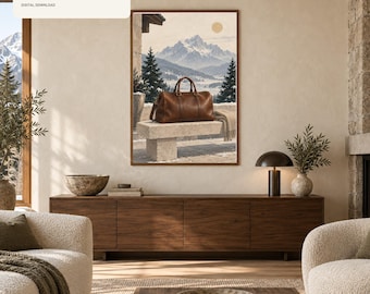Luxury Travel Wall Art Printable, Leather Weekender Alpine Print, Chalet Cabin Decor, Mountain Lifestyle Digital Art