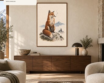Fox Smoking Cigar Wall Art, Funny Alpine Animal Print, Chalet Cabin Decor, Whimsical Fox Printable Digital Download