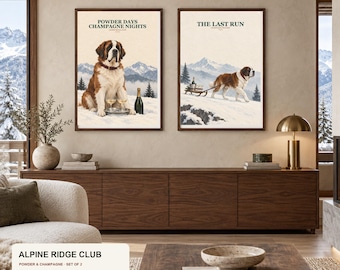 Champagne Dog Wall Art Set of 2, Saint Bernard Après Ski Prints, Luxury Alpine Chalet Decor, Cabin Digital Download
