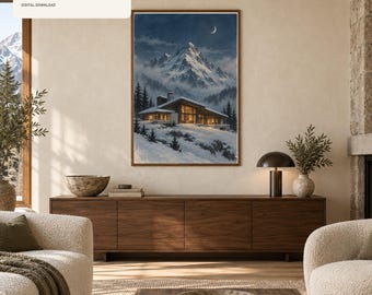 Luxury Chalet Wall Art Printable, Blue Hour Alpine Lodge Print, Mountain Cabin Decor, Winter Digital Download