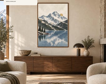 Mountain Lake Wall Art Printable, Alpine Landscape Print, Snowy Peak Chalet Decor, Cabin Wall Art, Digital Download