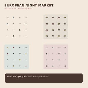 Könnte beinhalten: Ein digitales Grafikset mit dem Titel EUROPEAN NIGHT MARKET, das 16 Vektormotive und 4 nahtlose Muster enthält. Die Sammlung zeigt kleine, handgezeichnete Symbole von Marktständen, Sternen, Bäumen und Lebensmitteln auf hellen Hintergründen.