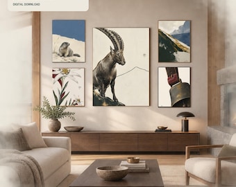 Alpine Wall Art Set of 5, Contemporary Ibex Marmot Edelweiss and Cowbell Prints, Chalet Decor
