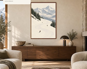 Ski Wall Art Printable, Minimalist Alpine Piste Print, Modern Chalet Decor, Ski Cabin Mountain Art, Digital Download