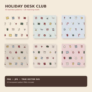 Holiday Desk Club Seamless Pattern Bundle, 30 Christmas Office Patterns, SVG PNG JPG Digital Paper, Small Business Packaging, Commercial Use
