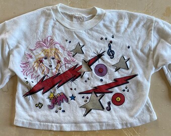 80s Vintage Jem 1986 hasbro tv television toy barbie doll kids childrens childs long sleeved half cropped crop top Sweatshirt - YOUTH 6X