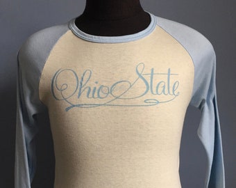 70s 80s Vintage Ohio State University Buckeyes OSU cartoon ncaa college raglan T-Shirt - SMALL