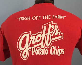 80s Vintage Groff's Snack Foods Potato Chips Fresh Off the Farm nuts candy brand T-Shirt - SMALL