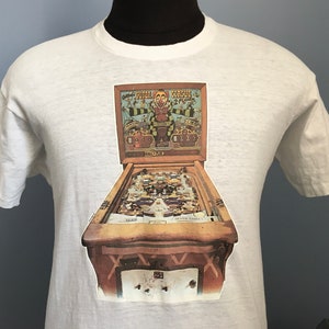 70s vintage Gottlieb&#39;s Super Circus pinball 1976 arcade promo iron-on Seneca Music & Vending Geneva New York T-Shirt - SMALL LONG